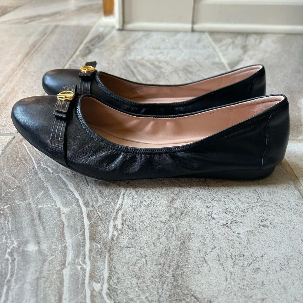 Cole Haan, Like New Women's Tova Bow Black Leather Ballet Flats, Size 11B